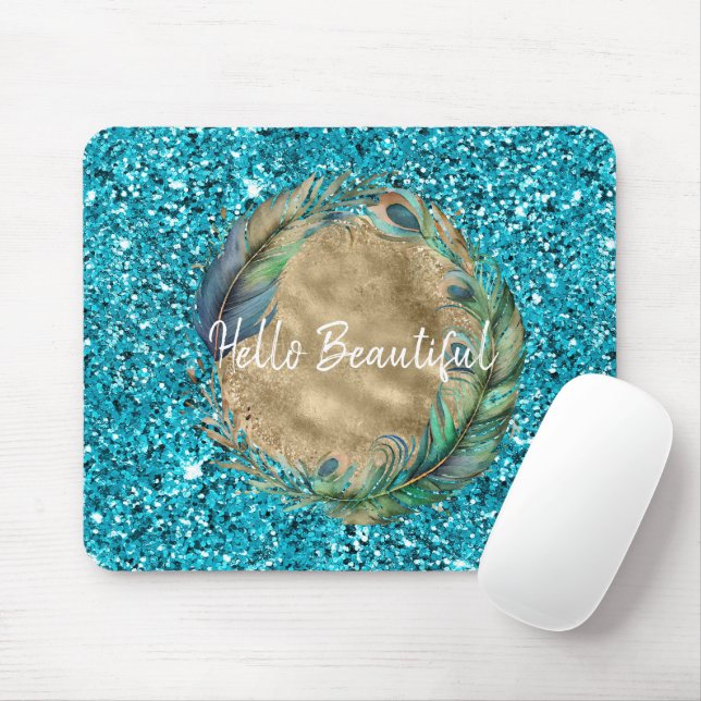 Peacock Feathers Turquoise Blue Glitter Mouse Pad (With Mouse)