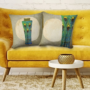 Peacock Feathers Vase Masterpiece From 1900 Throw Pillow