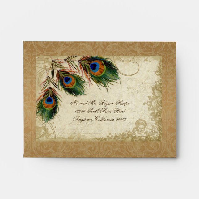 Peacock & Feathers Vintage Gold Look Damask  Swirl Envelopes (Front)