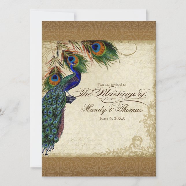 Peacock & Feathers Vintage Gold Look Damask  Swirl Invitation (Front)