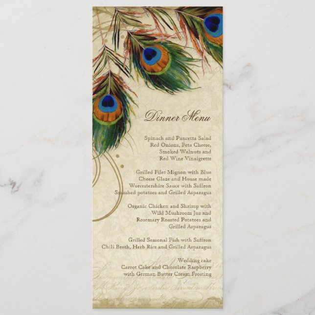 Peacock & Feathers Vintage Gold Look Damask  Swirl Menu (Front)