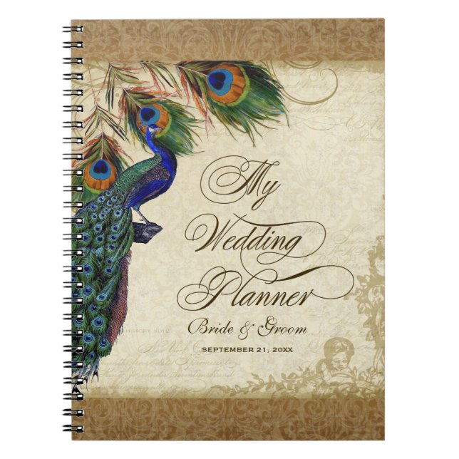 Peacock & Feathers Vintage Gold Look Damask  Swirl Notebook (Front)