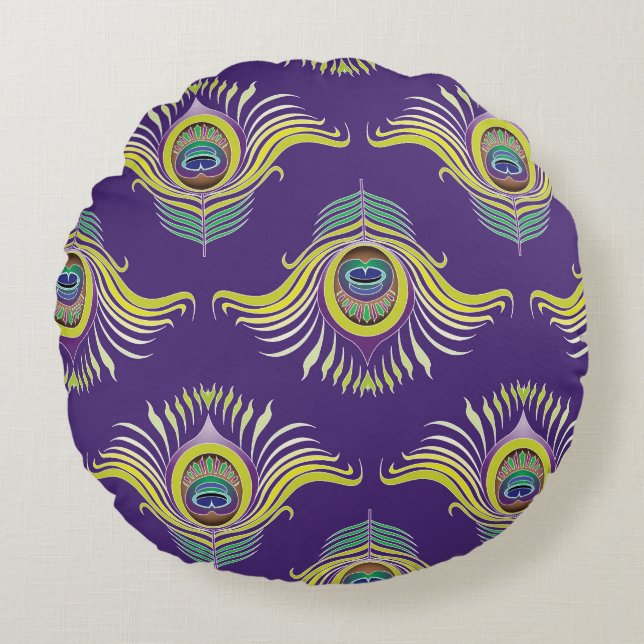 Peacock feathers: vintage seamless background. round pillow (Front)