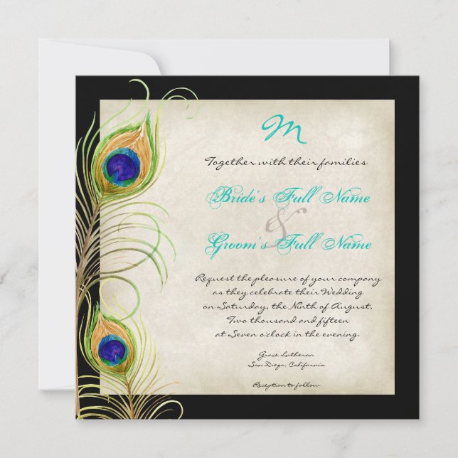 Peacock Feathers Wedding Invitation (Front)