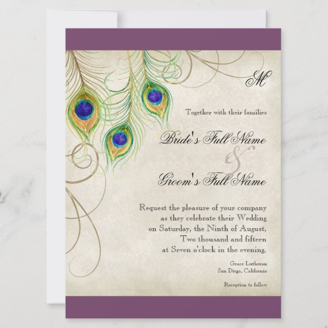 Peacock Feathers Wedding Invitation (Front)