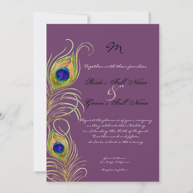 Peacock Feathers Wedding Invitation (Front)