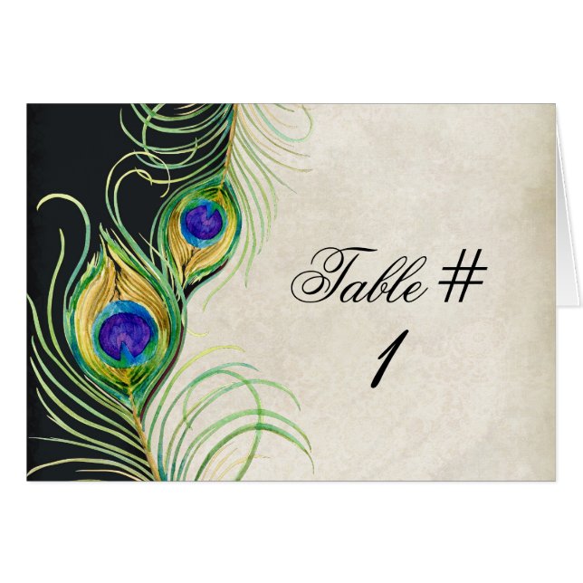 Peacock Feathers Wedding Table Tent Card (Front Horizontal)