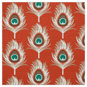 Peacock Feathers, White on Mandarin Orange Fabric