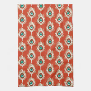 Peacock Feathers, White on Mandarin Orange Kitchen Towel