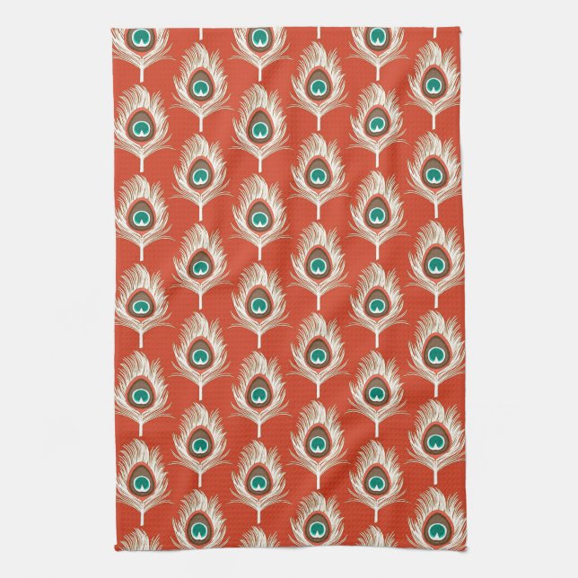 Peacock Feathers, White on Mandarin Orange Kitchen Towel (Vertical)
