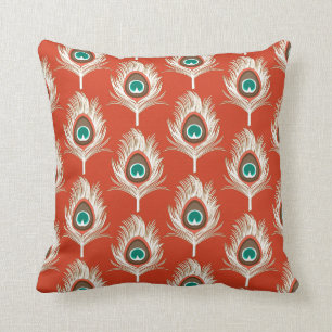 Peacock Feathers, White on Mandarin Orange Throw Pillow