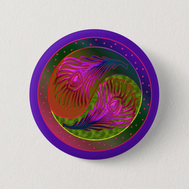 Peacock Feathers Yin Yang 2 Inch Round Button (Front)