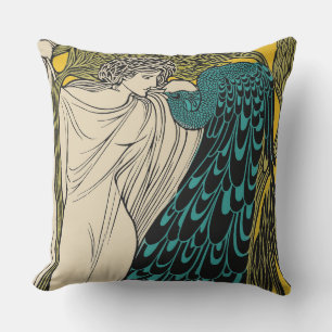 Peacock Fine Art Bird Nouveau Outdoor Pillow