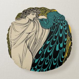 Peacock Fine Art Bird Nouveau Round Pillow