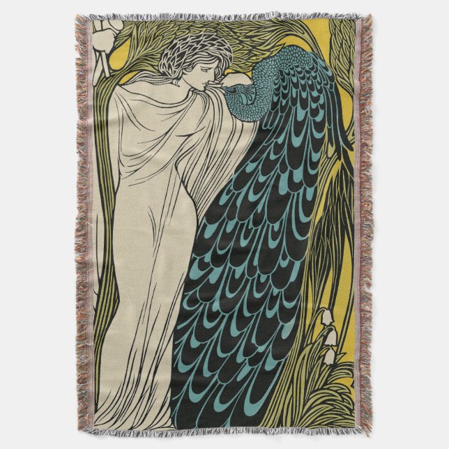 Peacock Fine Art Bird Nouveau Throw Blanket (Front Vertical)