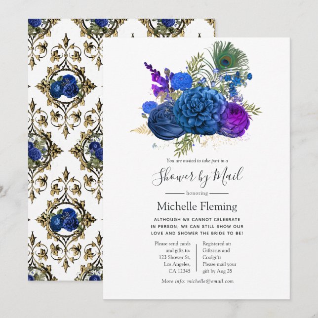 Peacock Floral Baby or Bridal Shower by Mail Invitation (Front/Back)