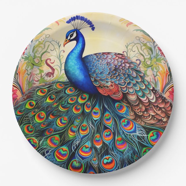 Peacock Floral Elegant Pretty  Paper Plate (Front)