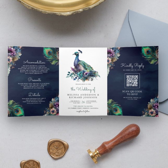 Peacock Floral Feather QR Code Navy Blue Wedding Tri-Fold Invitation (Creator Uploaded)