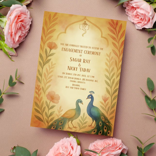 Peacock Floral Indian Hindu Engagement Ceremony Invitation (Creator Uploaded)
