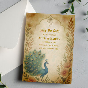 Peacock Floral Indian Wedding Save the Date Card