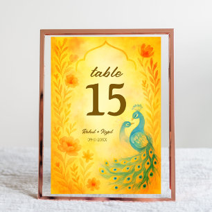 Peacock Floral Indian Wedding Table Number Card