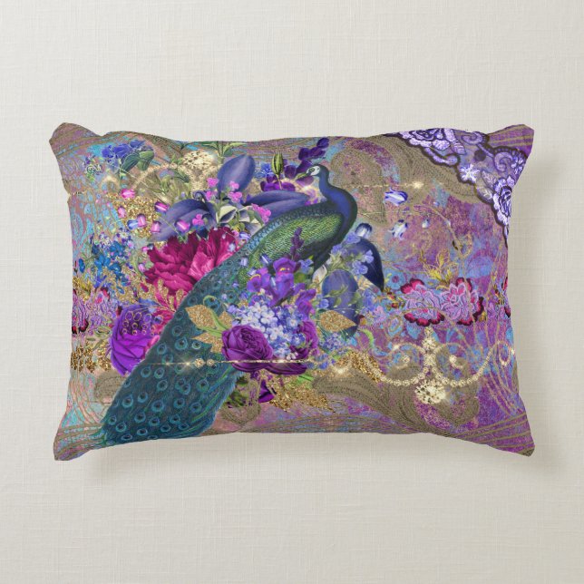 Peacock floral lace diamond elegant purple teal accent pillow (Front)