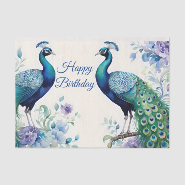 Peacock floral watercolor Birthday Tissue Paper (Front)