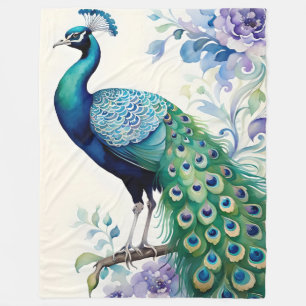 Peacock floral watercolor  fleece blanket