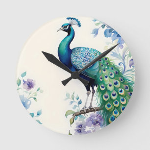 Peacock floral watercolor  round clock