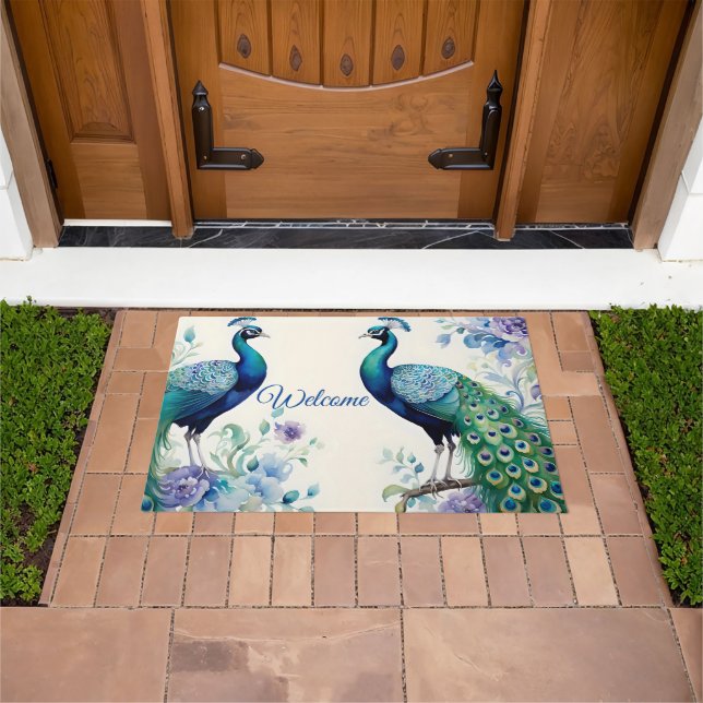 Peacock floral watercolor Welcome Doormat (Outdoor)