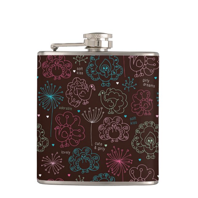 peacock flower india wallpaper vintage hip flask (Front)