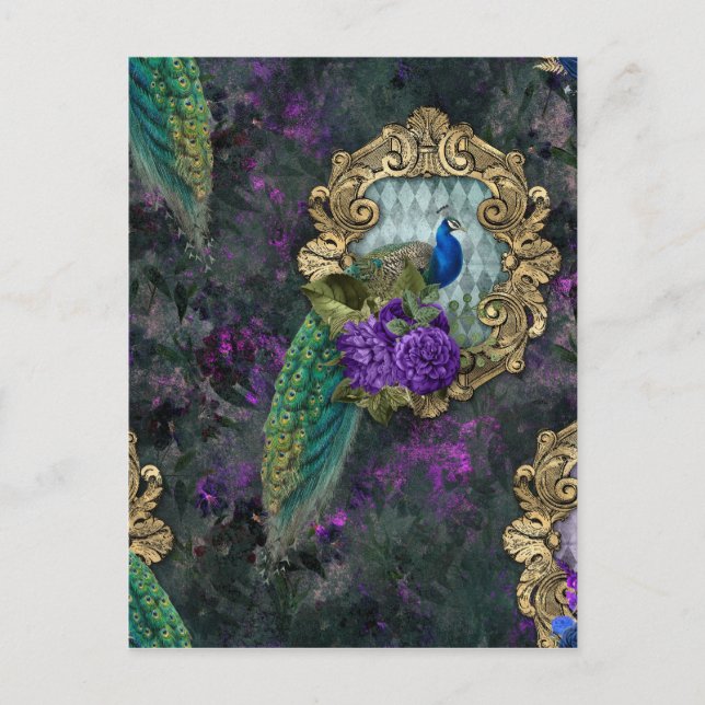 Peacock, Flowers, and Gold Frame Postcard (Front)