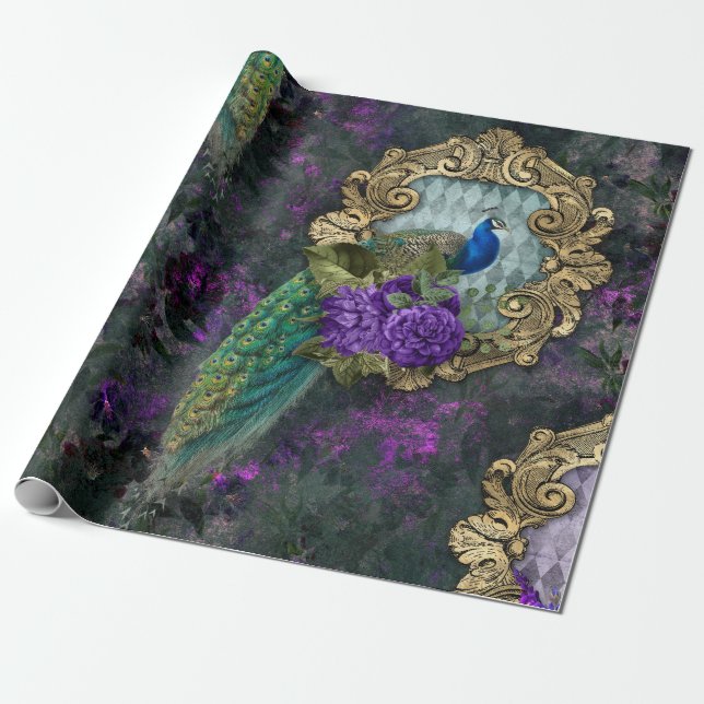 Peacock, Flowers, and Gold Frame Wrapping Paper (Unrolled)