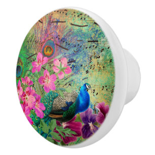 Peacock Flowers and Music Ceramic Knob