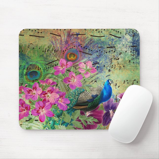 Peacock Flowers and Music Mouse Pad (With Mouse)