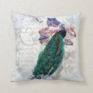 Peacock Flowers Vintage Graphic Art Colourful Throw Pillow