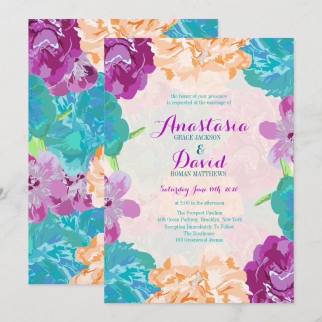 Peacock Flowers Wedding Invitation (Front/Back)