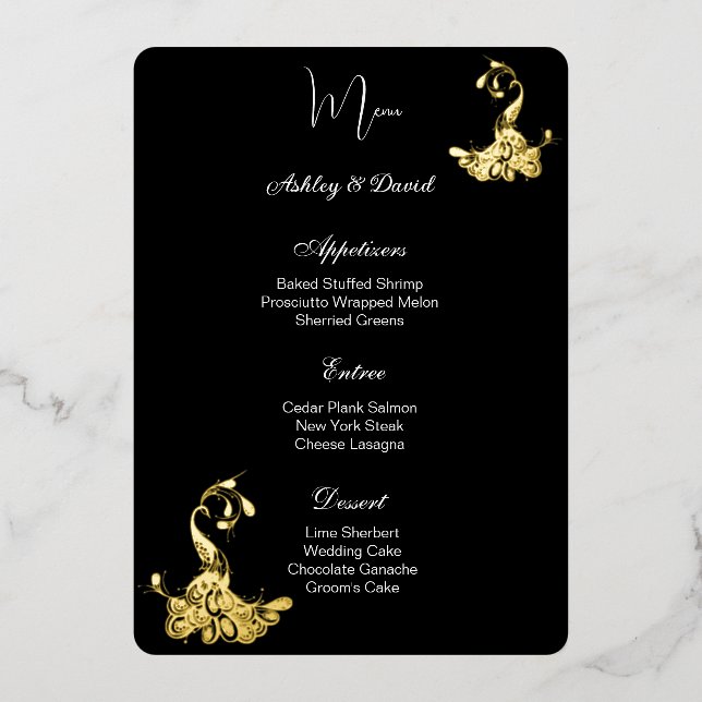Peacock Foil Wedding Menu Card (Front)
