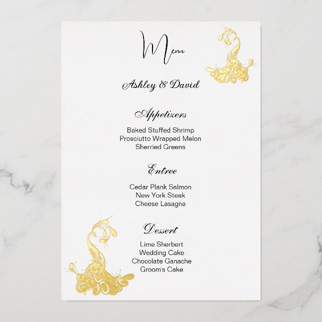 Peacock Foil Wedding Menu Card (Front)
