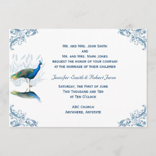 Peacock Garden in Blue White Wedding Invitation