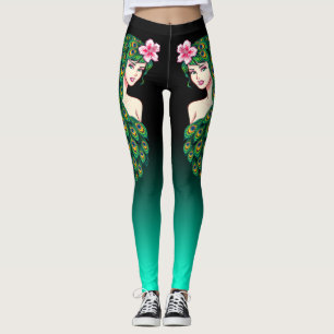 Peacock Girl Black Teal Athleisure Yoga Leggings