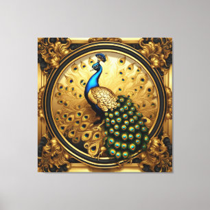 Peacock gold and black ornamental frame canvas print