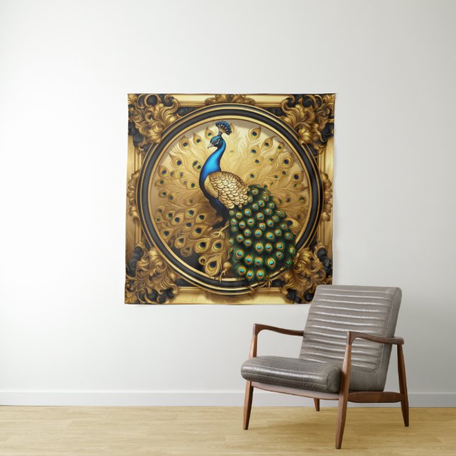 Peacock gold and black ornamental frame tapestry (In Situ)