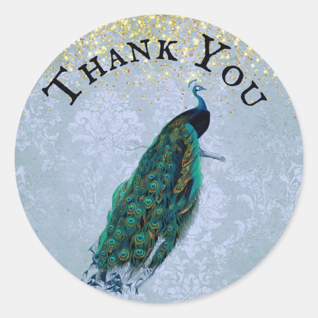 Peacock Gold Sparkles Watercolor Thank You Classic Round Sticker (Front)