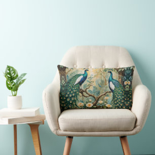 Peacock Golden Teal Floral Jungle Lumbar Pillow