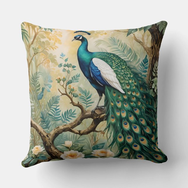 Peacock Golden Teal Floral Jungle Throw Pillow (Back)