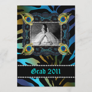 Peacock Grad Birthday Party Zebra Lace Blue Invitation