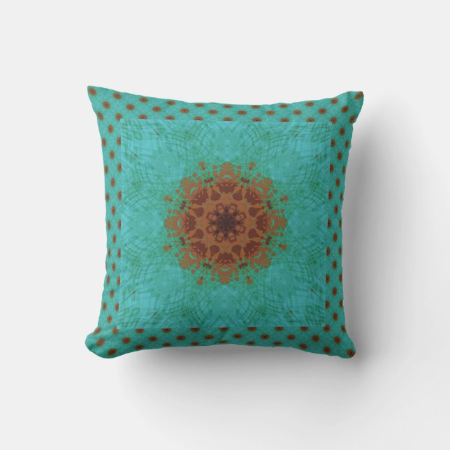 Peacock Green and Rust Graphic Floral Mandala Outdoor Pillow (Front)