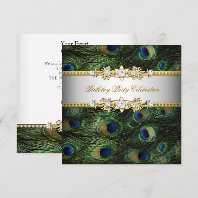 Peacock Green Blue Gold White Elegant Party Invitation (Front/Back)