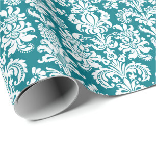Peacock Green Floral Damasks White Background Wrapping Paper